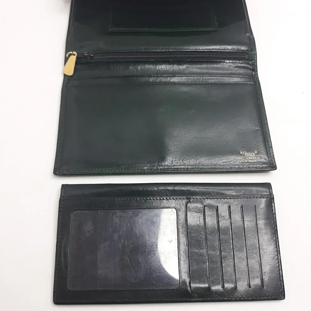 Vtg Bosca Hand Stained Hide Green Leather Kisslock Tri-fold Check Book Wallet